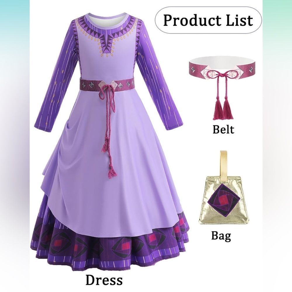 Wish Princess Asha Costume Dress Up Long Sleeve Purple Dress with Belt and Bag